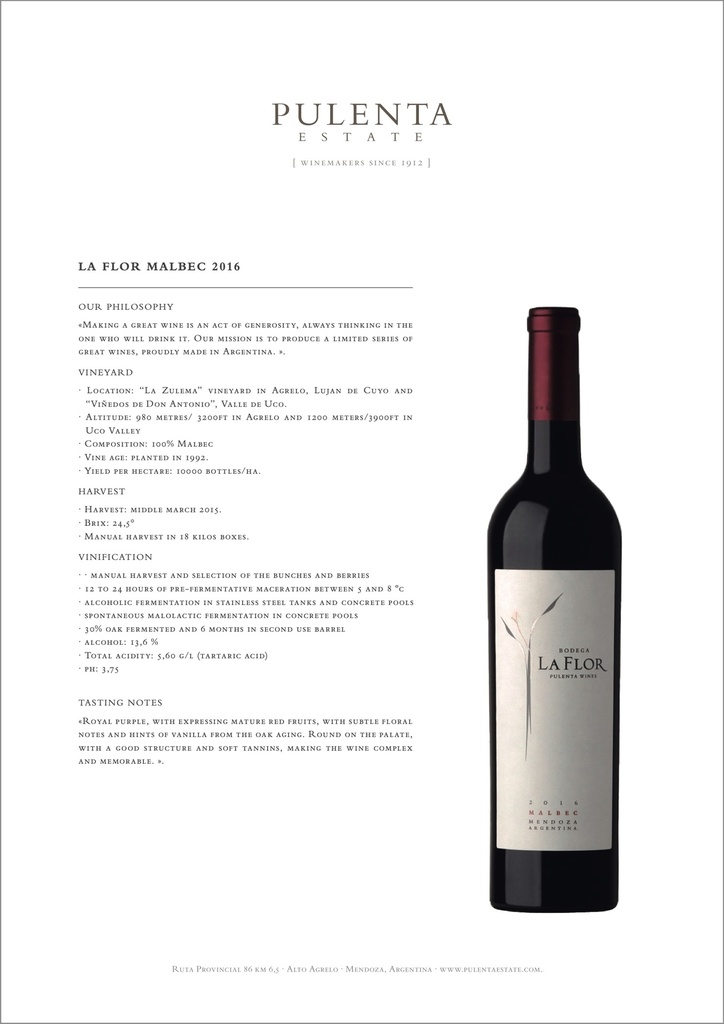 La Flor Malbec, Pulenta Estates