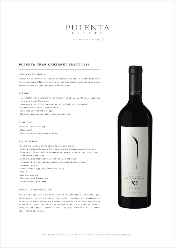 Gran Cabernet Franc, Pulenta Estates