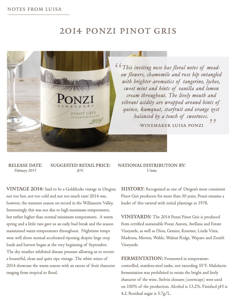 Pinot Gris, Ponzi 