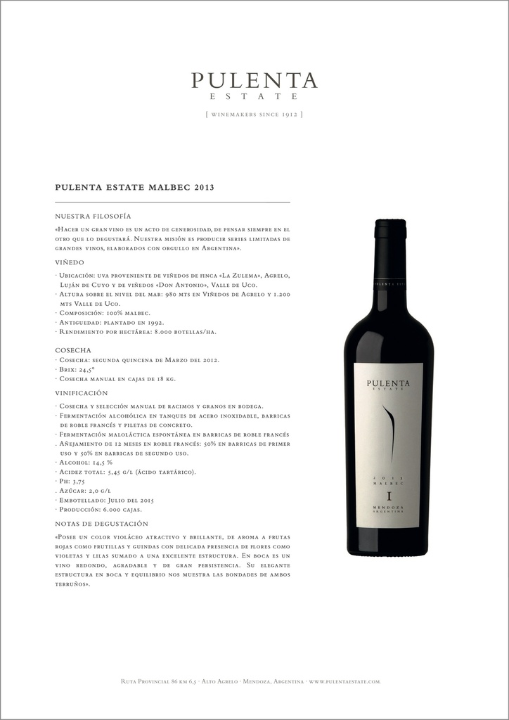 Gran Malbec, Pulenta Estates