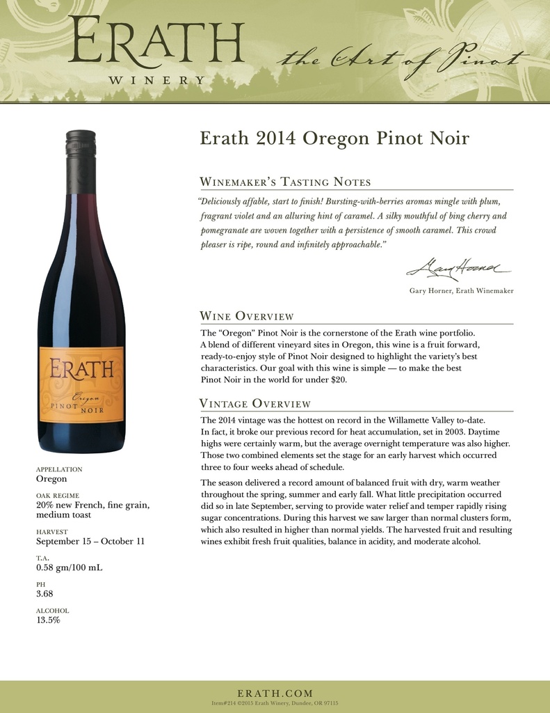 Pinot Noir, Erath Vineyards