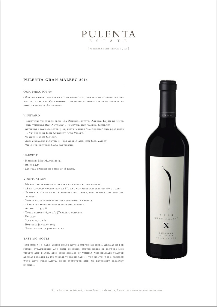 Gran Malbec, Pulenta Estates