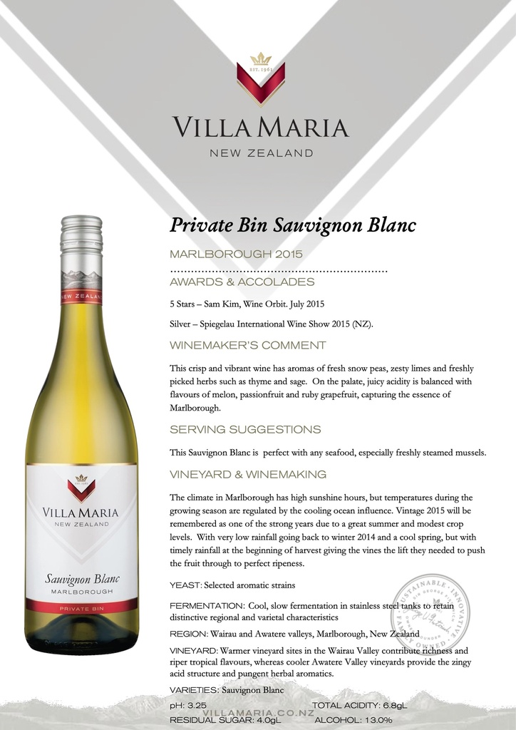 Private Bin Sauvignon Blanc, Villa Maria Estates