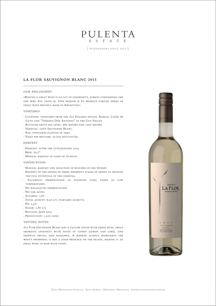 La Flor Sauvignon Blanc, Pulenta Estates